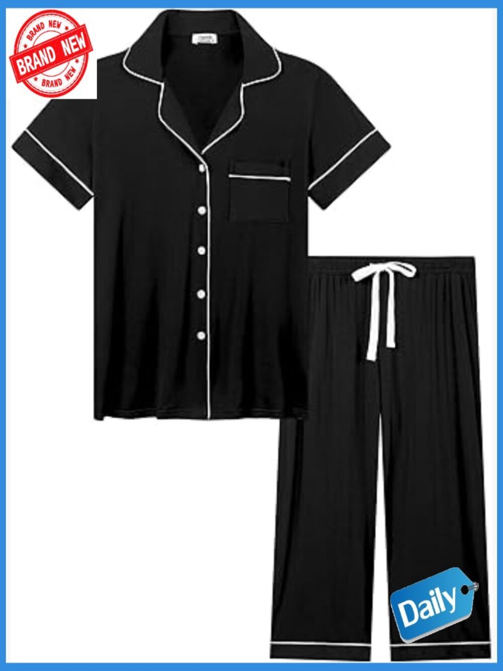 Bamboo Viscose Capri Pajama Set Short Sleeve Button Down Sleepwear S-XXL